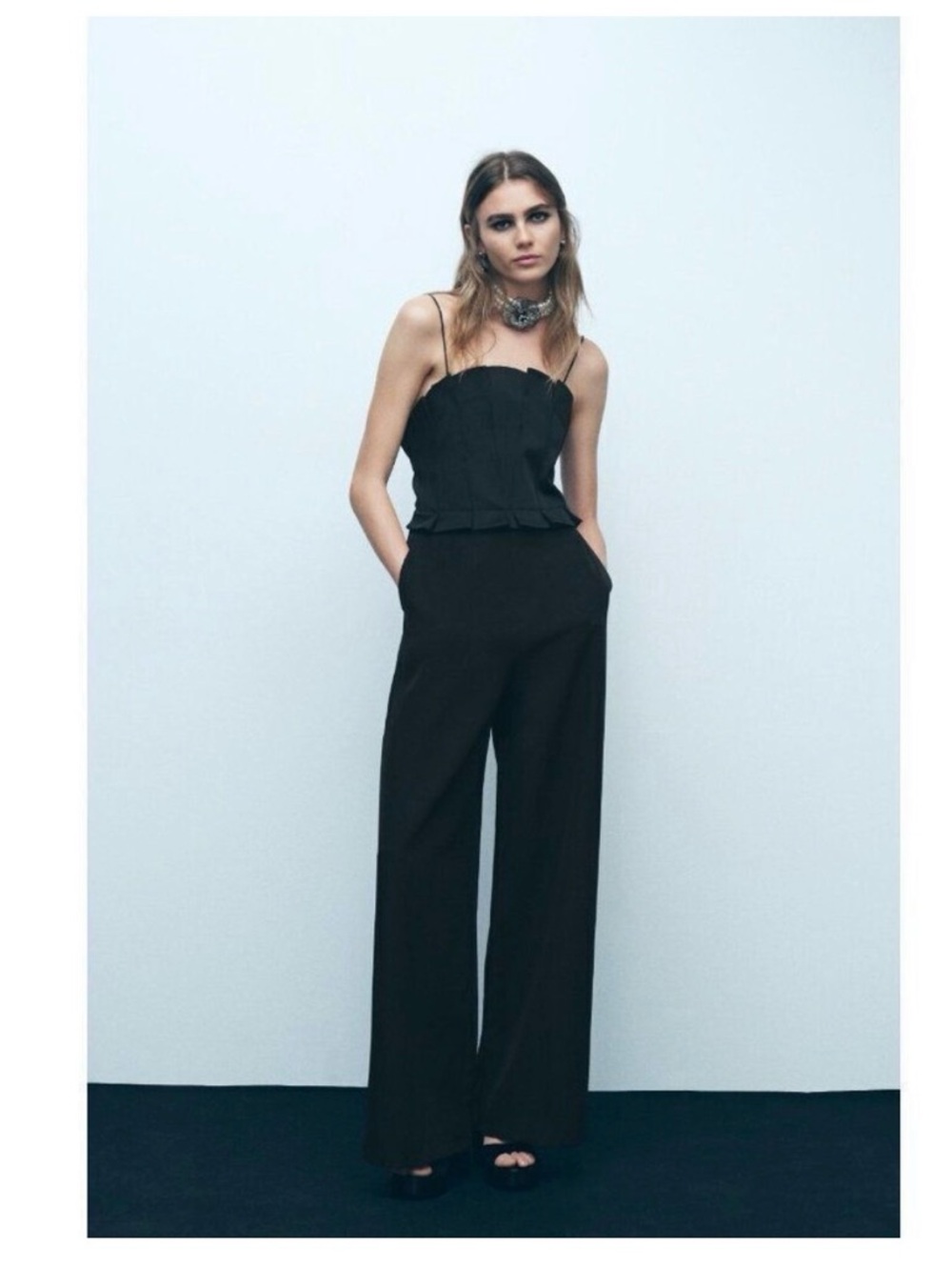 Zara Black Wide-Leg Jumpsuit with Corset Bodice